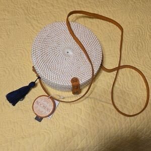 Round White and Tan Woven Bag